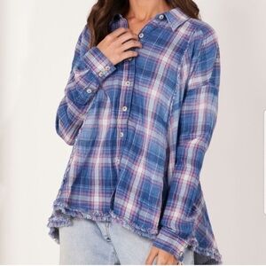Free People/ We the Free, Seeking Starlight, Blue Plaid Swing Top Oversized  XS